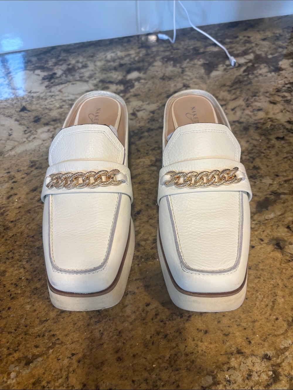Naked Feet White Leather Chain-Trim Mules